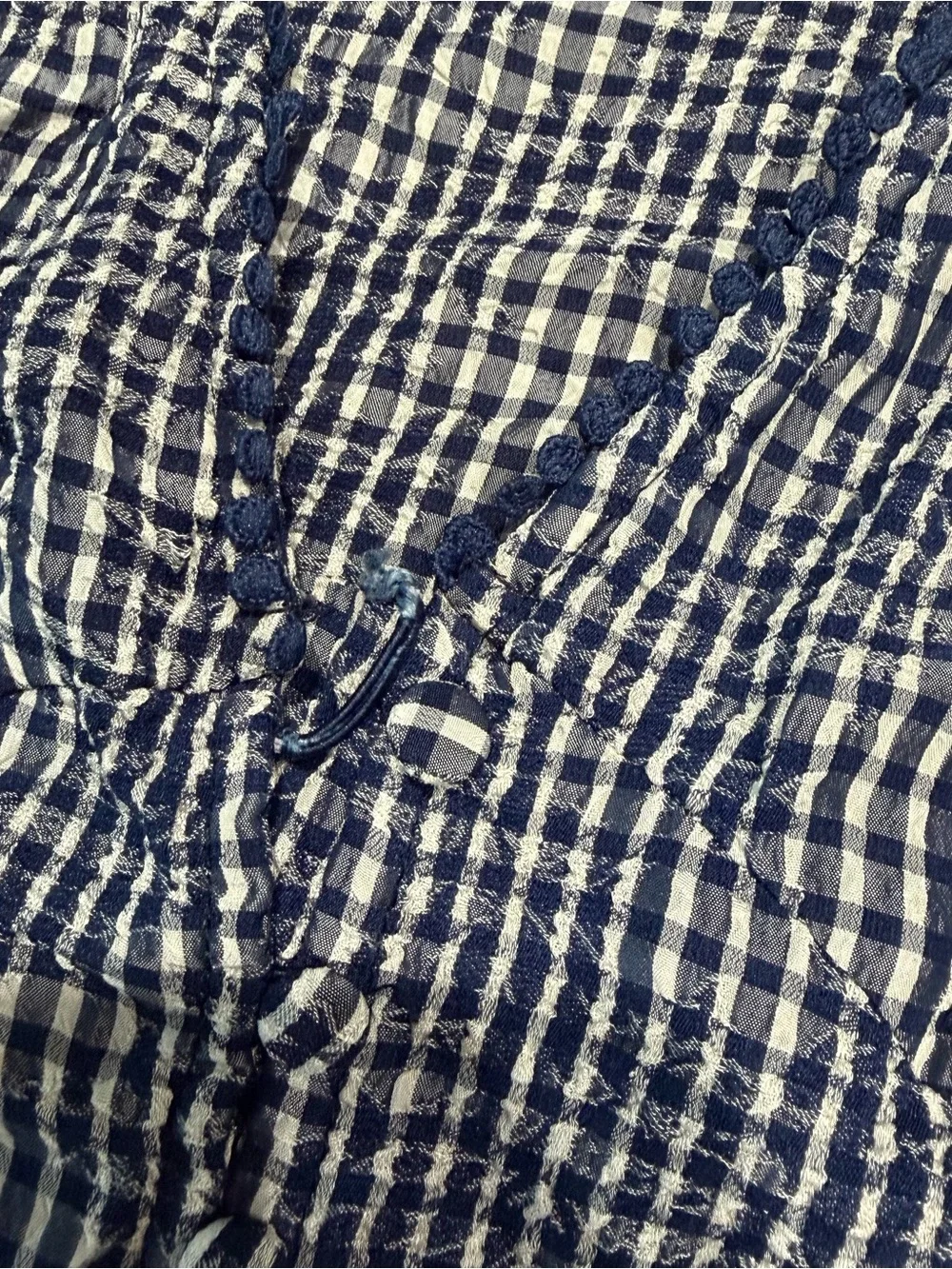 Free People Navy and White Checked Button-Front V-Neck Top